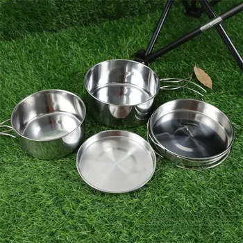 Stainless Steel Camping Cookware Set Uncoated Non Stick Outdoor Frying Pan Set with Foldable Handle Picnic Bowl Pot Set Hiking