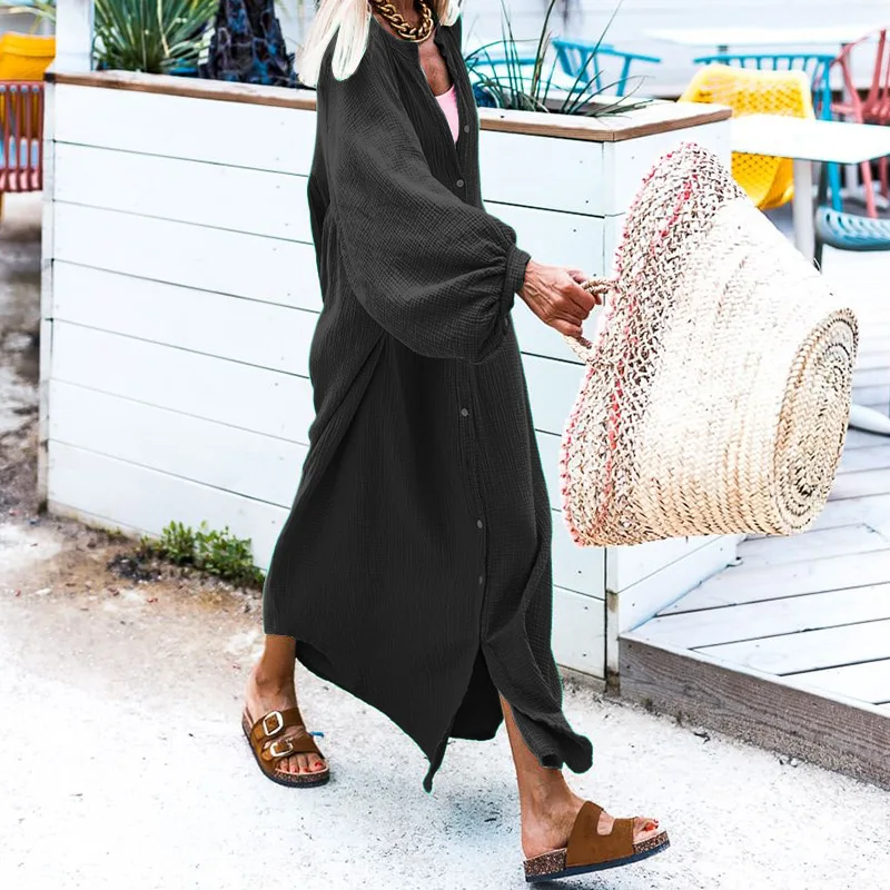 

Women Casual Loose Hem Vintage Dresses Spring Fall Solid Long Sleeve Female Dress Elegant Round Neck Single Breasted Long Dress