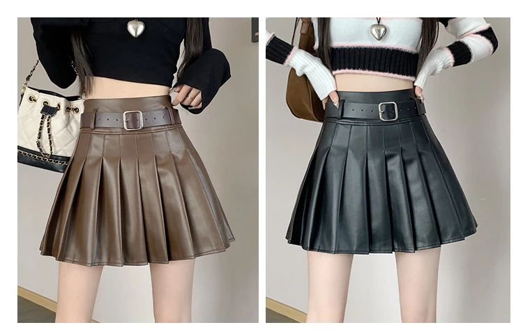 Braun Schwarz Winter Mini Leder Rock Frauen Mode Streetwear Hohe Taille Skater Faltenröcke Mit Shorts A-linie Jupe Plissée – Detail 2