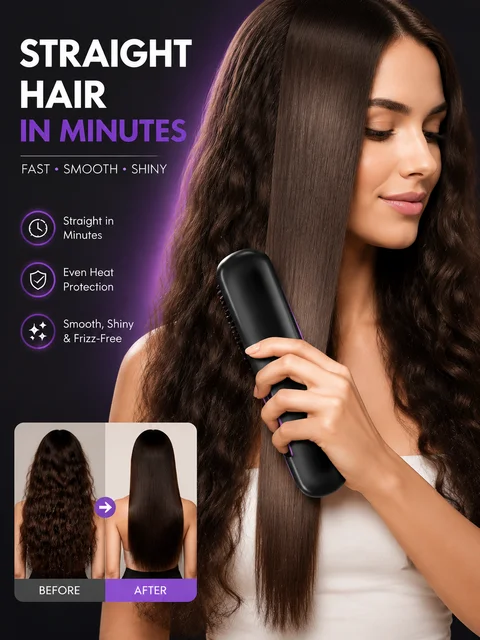 Portable Hair Straightener Brush USB Charging Cordless Hot Comb Ceramic Coating Ionic Anti Frizz Styling Tool 2