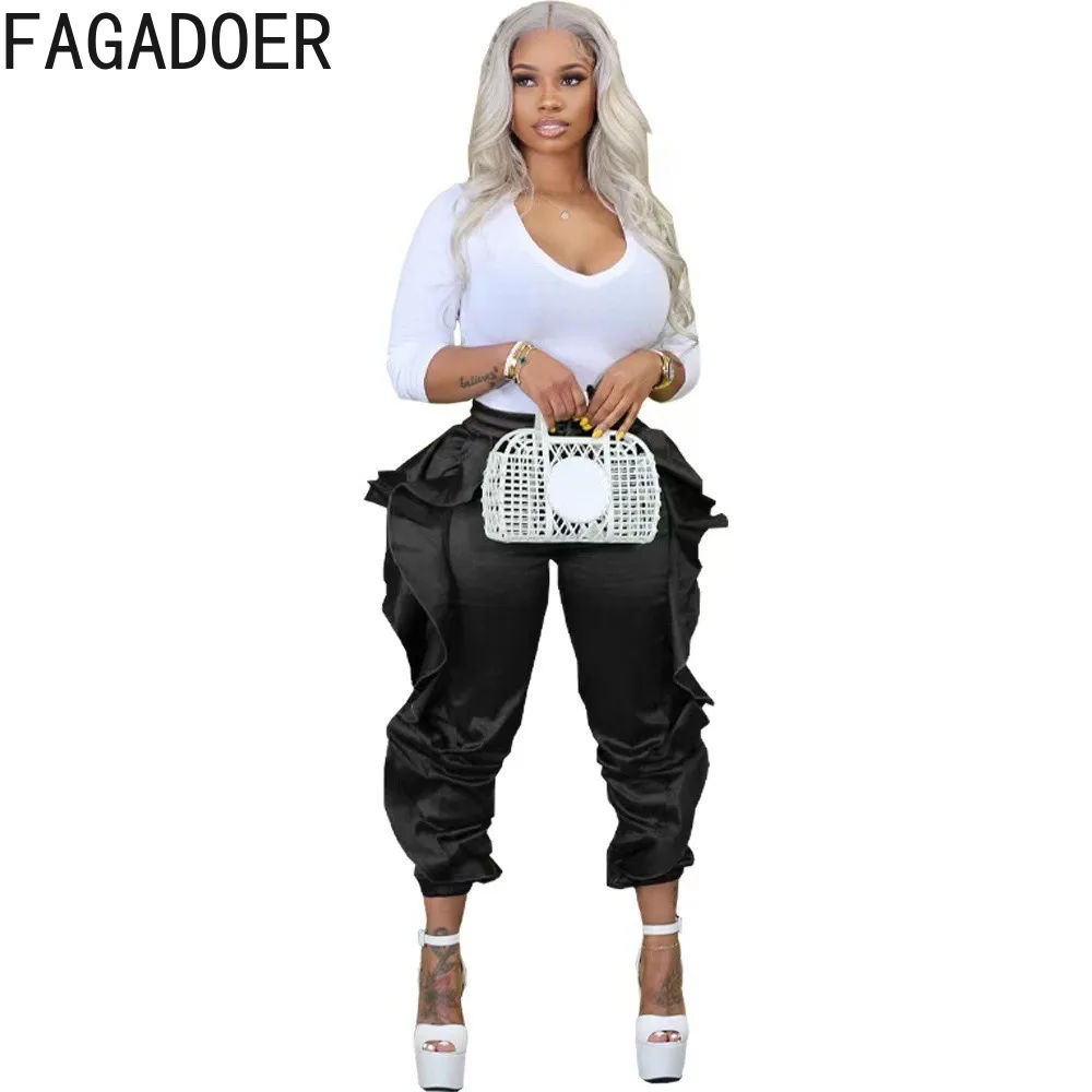 FAGADOER Black Fashion Ruffle Design Pants Women High Waisted Skinny Trousers Autumn Female Solid Color Matching Sporty Bottoms