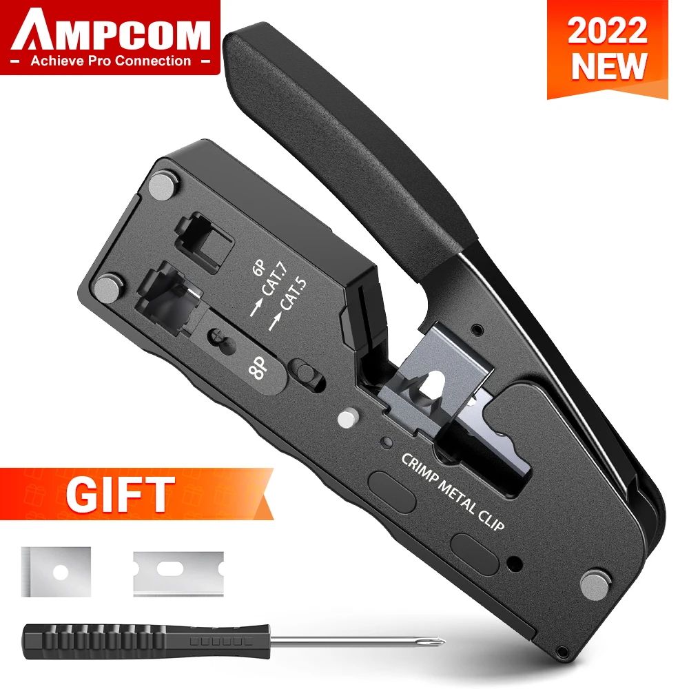 AMPCOM rj45 크림퍼 CAT7 크림핑 도구, RJ11 RJ 45 커넥터 CAT6 CAT5E 모듈러 플러그 (와이어 스트리퍼 커터 포함) 