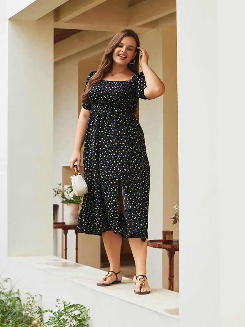 Side Slit Black Long Polka Dot Dresses Plus Size Women Summer Dresses Short Sleeve Elegant Ladies Chiffon Midi Dress For Women