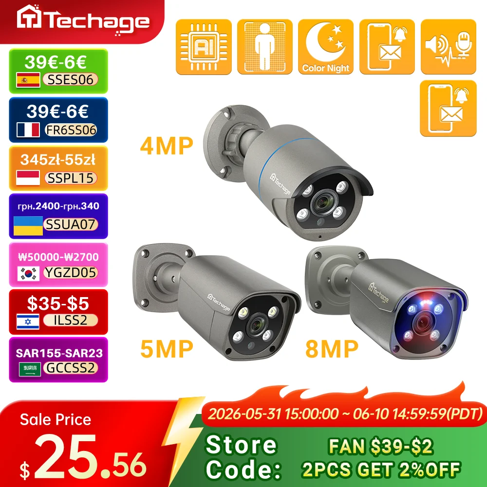 Techage 8MP 5MP 4MP 4K POE IP Camera HD Outdoor Waterproof Security Camera Color Night Vision Face Recognition for Surveillance 1
