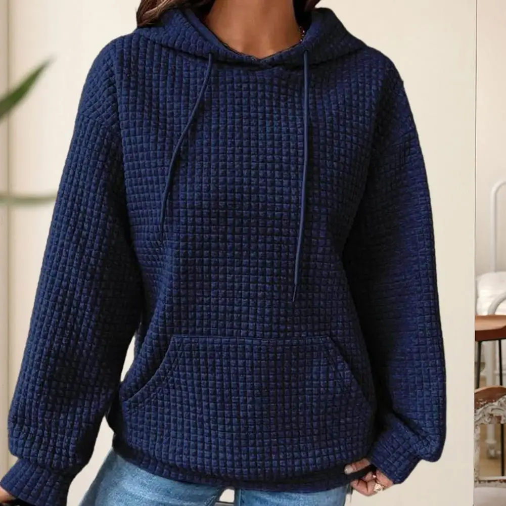

Female Pockets Hoodie Stylish Women's Waffle Texture Hooded Sweatshirt Loose Fit Drawstring Long Sleeve Pockets for Spring