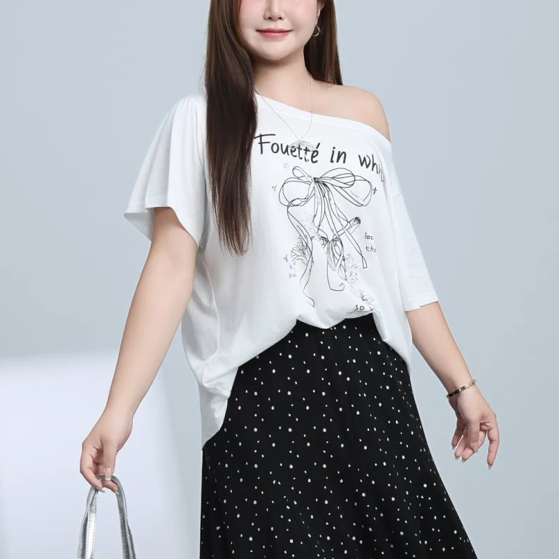 The Ballet Girl Snowflake Cotton Thin Oblique Shoulder T-shirt Plus Size Women Premium Casual And Youthful Summer Tops 9251