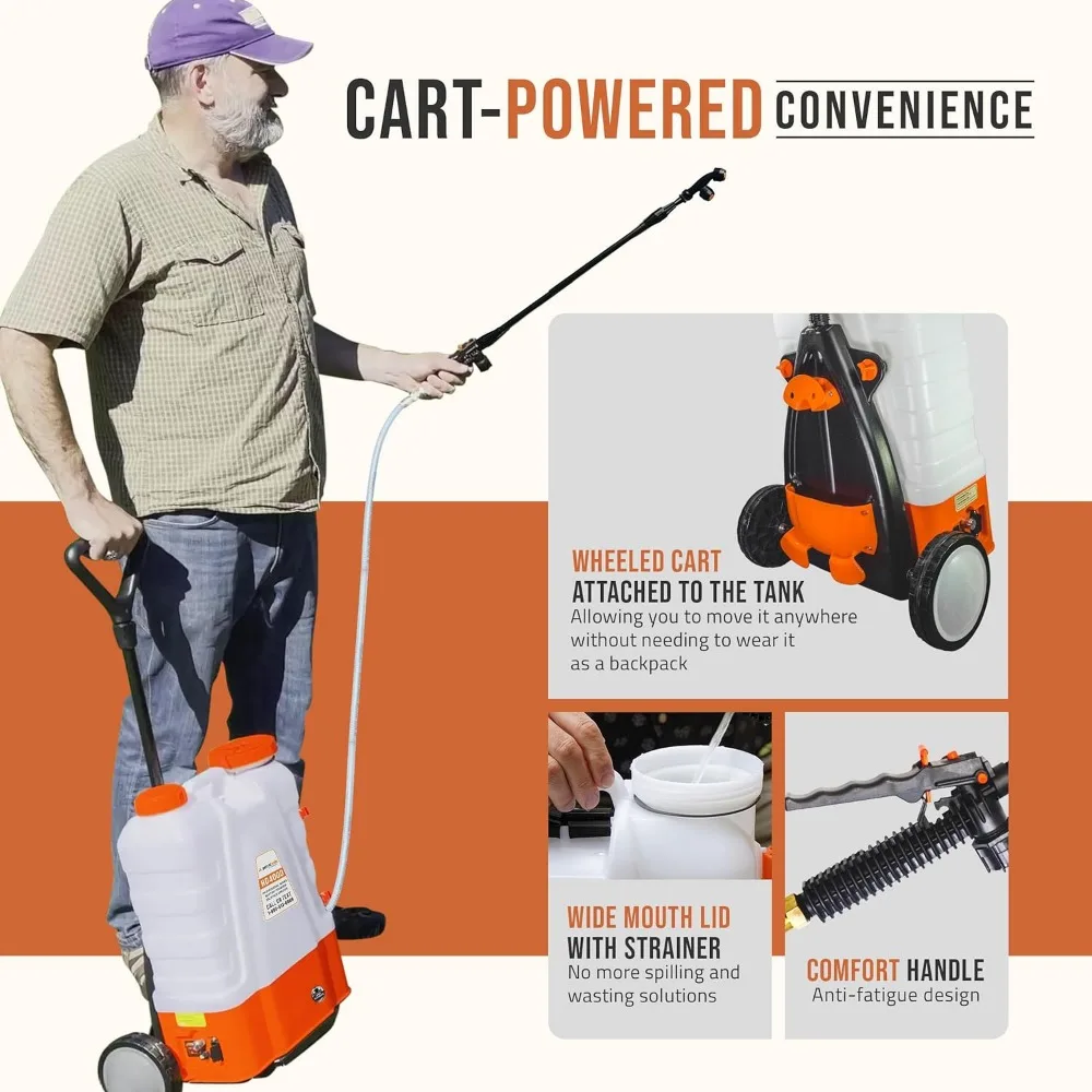 4 Gallon Battery Powered Backpack Sprayer with Cart-Wheeled Cart Sprayer-HD Wand, Wide Mouth Lid, Multiple Nozzles