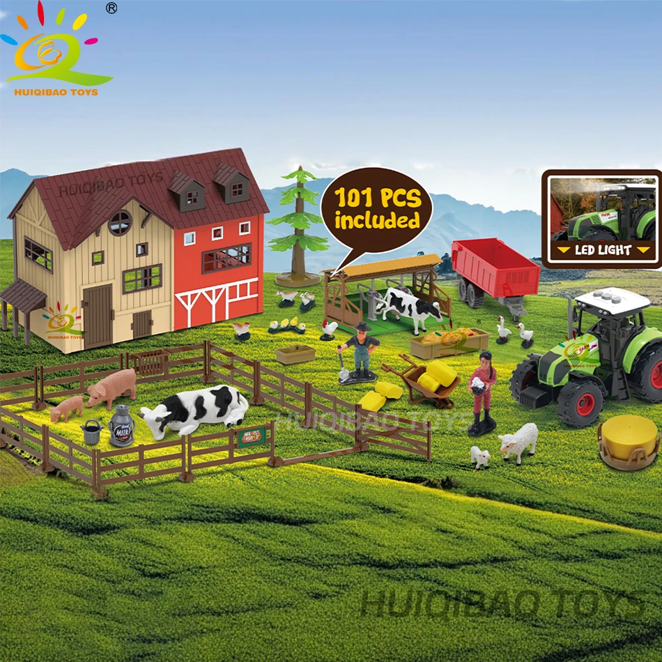 HUIQIBAO Simulation DIY Farm Playing house Fence Scene Toy Trees Animals Model Miniature Craft Home Assembly Decoration Gift
