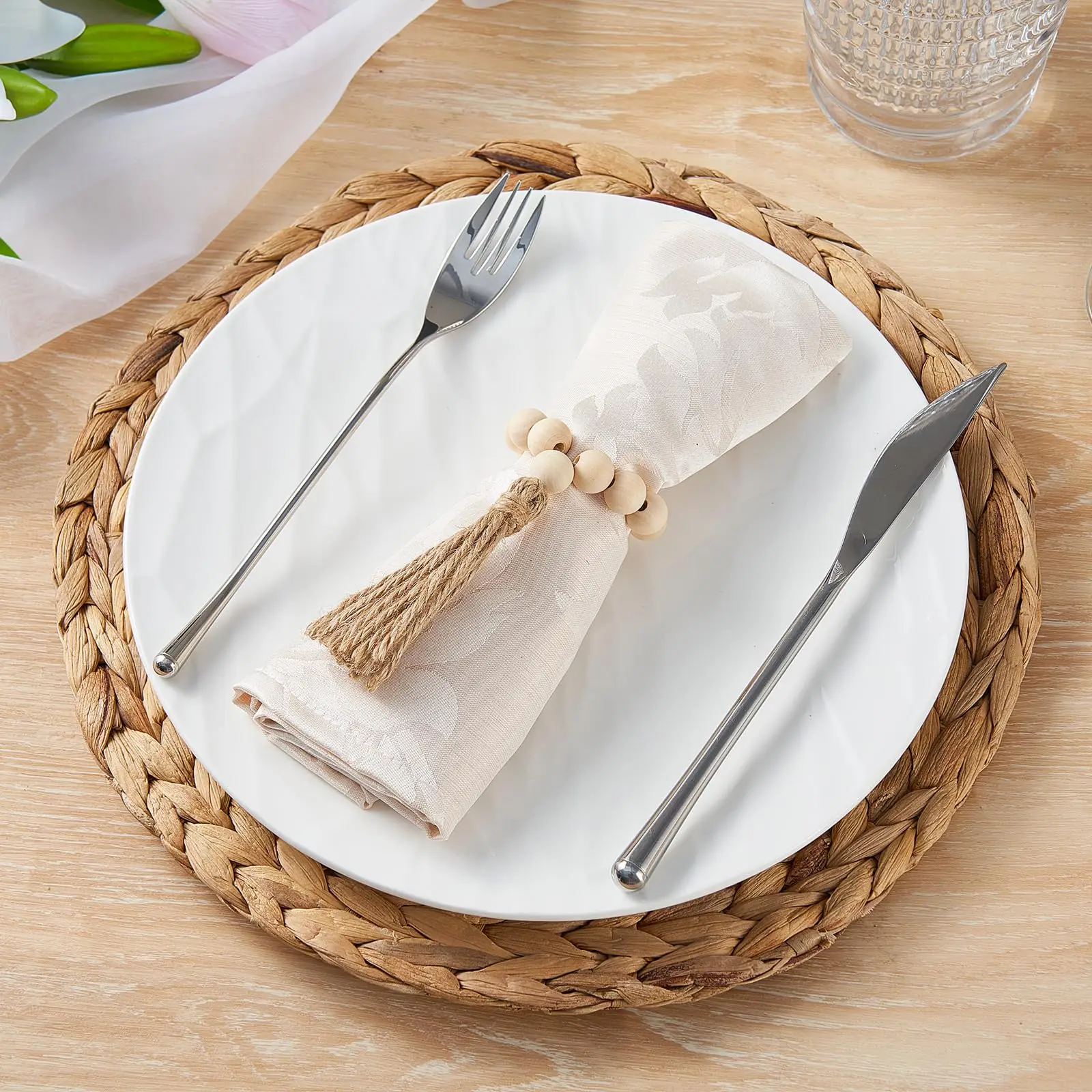 4PCS Wooden Bead Napkin Rings With Tassels - Natural Wood Table Decor For Christmas & Weddings