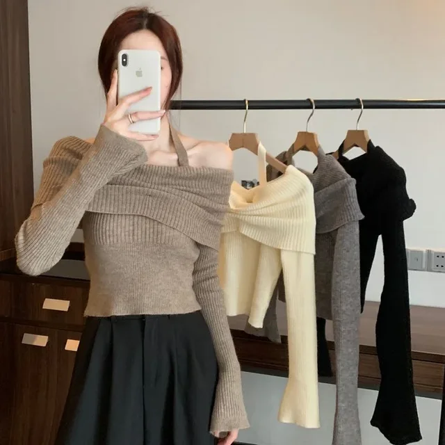 Autumn Winter New French Style Sensibility Off-shoulder Top Women's Versatile Halter Neck Slimming Soft Supple Knit Sweater 2