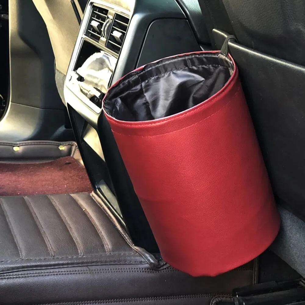 Foldable trash can car storage bag double leather waterproof trash can car interior 16x20cm red Wastebasket Trash Can with Lid