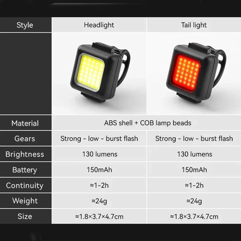 1 Pair Bicycle Front Rear Lights COB High Bright Bike Headlight Taillight USB Re