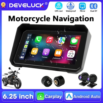 Navigatore GPS portatile per moto da 6,25 pollici, Wireless CarPlay, Android Auto, monitor moto, DVR, impermeabile IPX7, supporto 4K+1080P