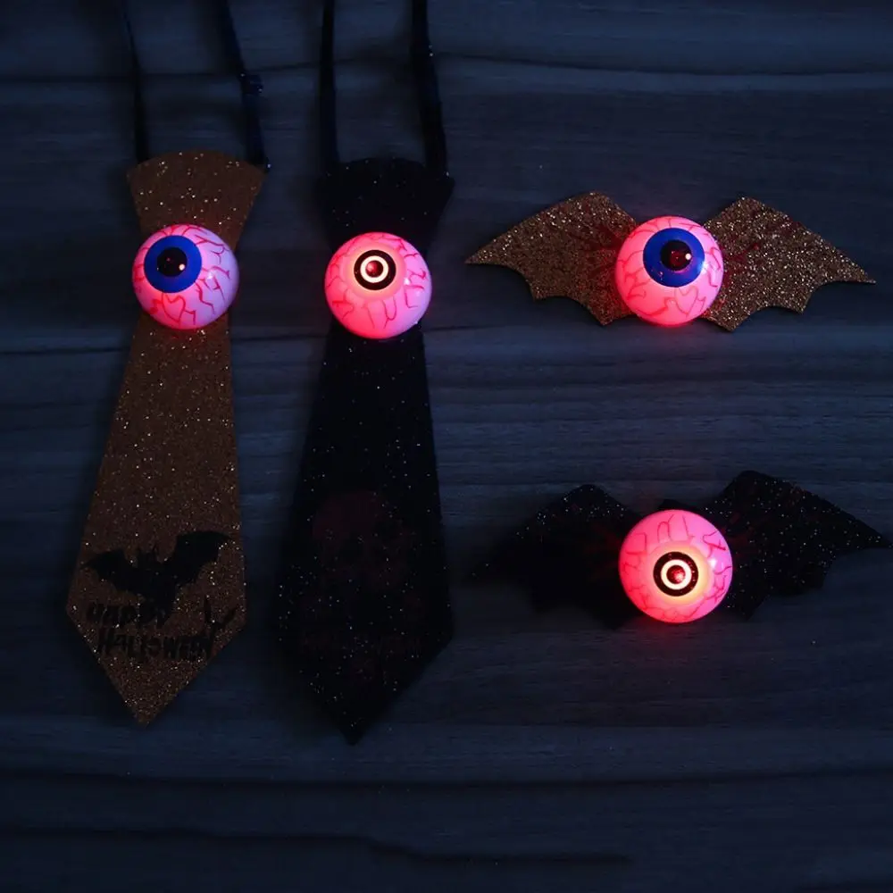 Spooky Halloween Light Up Eyeball Tie Haunted Realistic Gold Dust Bat Bow Tie Reusable Adjustable Straps Halloween Tie Props