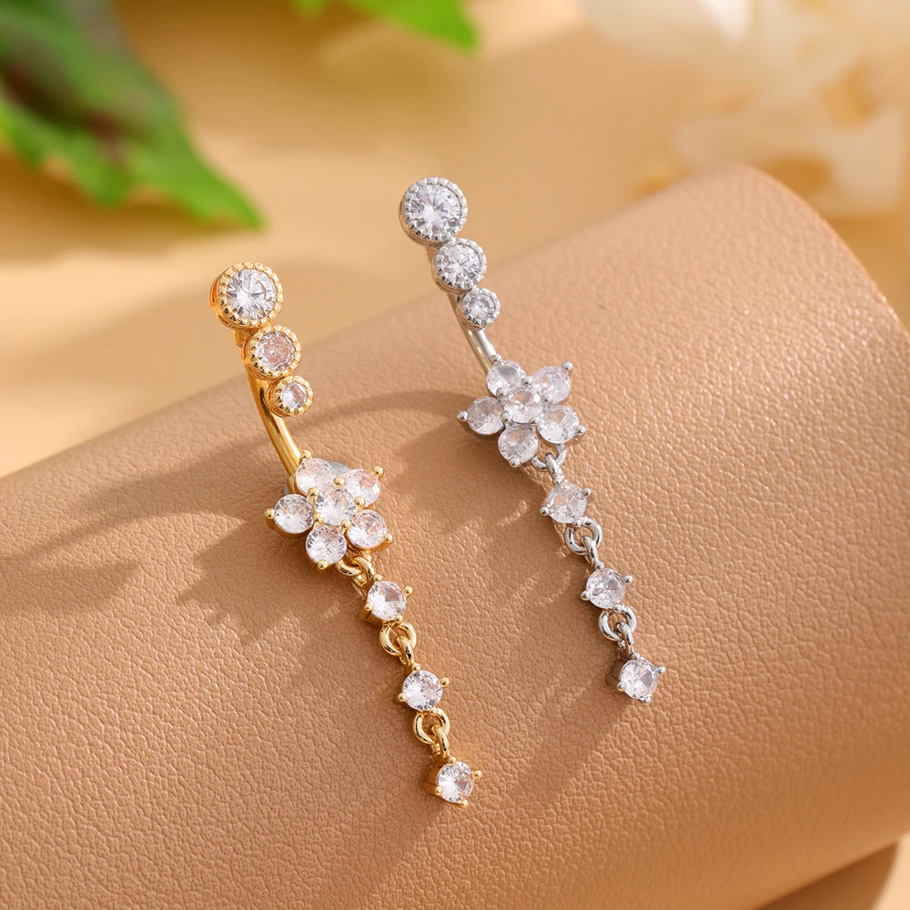 Gold Color Stainless Steel Belly Button Ring Long Dangled Flower CZ Crystal Navel Belly Piercing Rings Women Sexy Jewelry