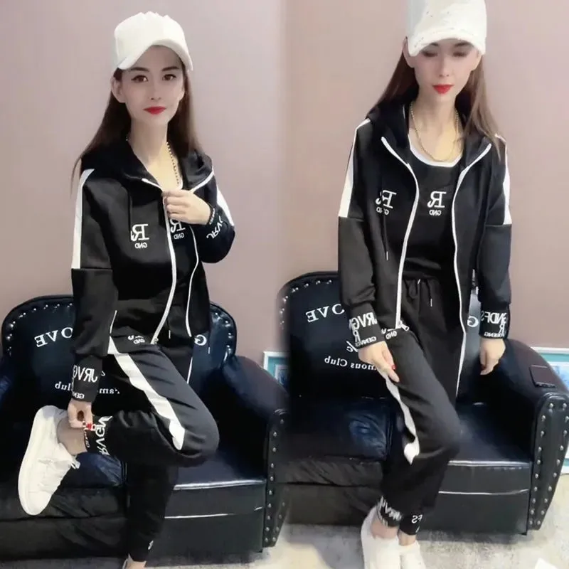 Fashion 3 Piece Set Women's Suit  Hooded Sports Cardigan+Vest+Leggings Three-Piece Chain Letter Printing Sun Protection Jacket