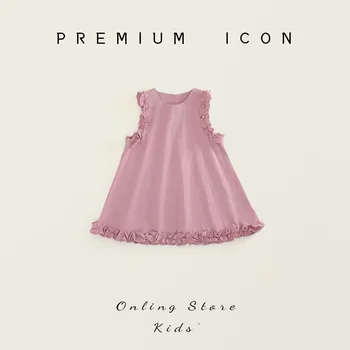 여아 코튼 곰팡이 레이스 원피스, 한국 버전, 달콤한 바람 단색, 민소매 선드레스, 2024 여름