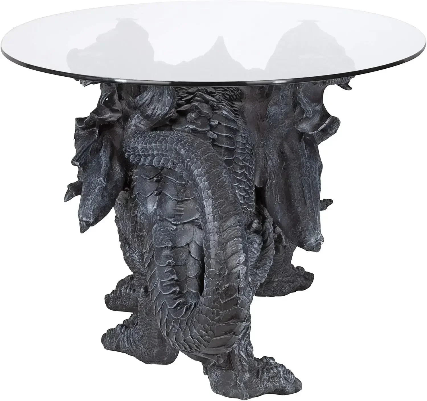 Gothic Decor Glass Topped Coffee Table, 39 Inch, Polyresin, Grey Stone Fashion