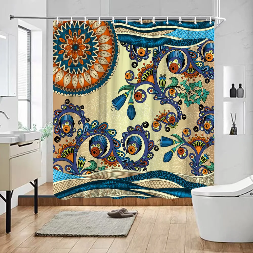 Hippie Bohemian Shower CurtainS Moroccan Ethnic Decor Shower Curtain Floral Fabric Hanging Curtain Bathroom Decor Set With Hooks