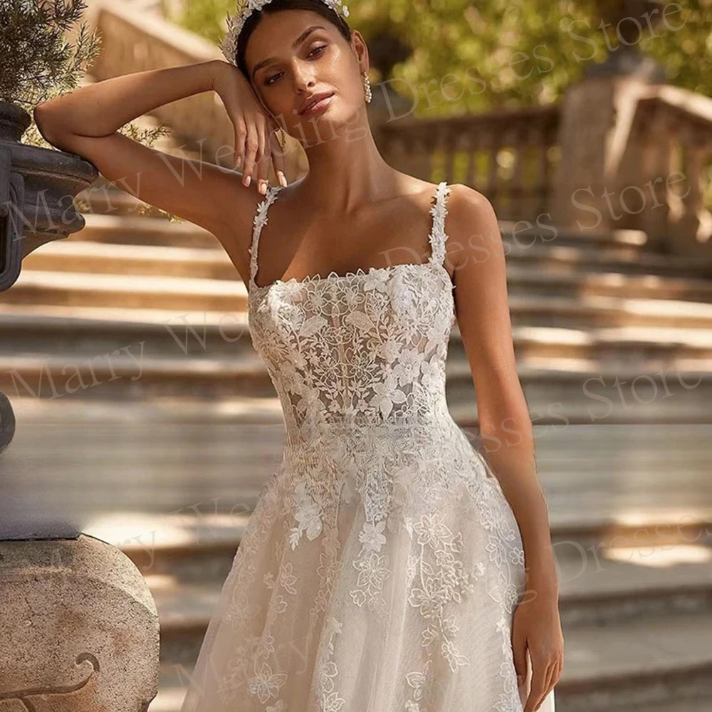 2024 Charming A-Line Women's Wedding Dresses Elegant Lace Flower Printing Square Collar Bride Gowns Robes De Mariée Customized 3