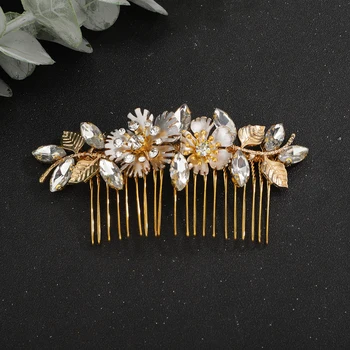 Gold Flower Rhinestone Bridal Hair Comb Leaf Wedding Head Jewelry Accessories Women Trendy Handmade Headpiece Ornaments Tiaras