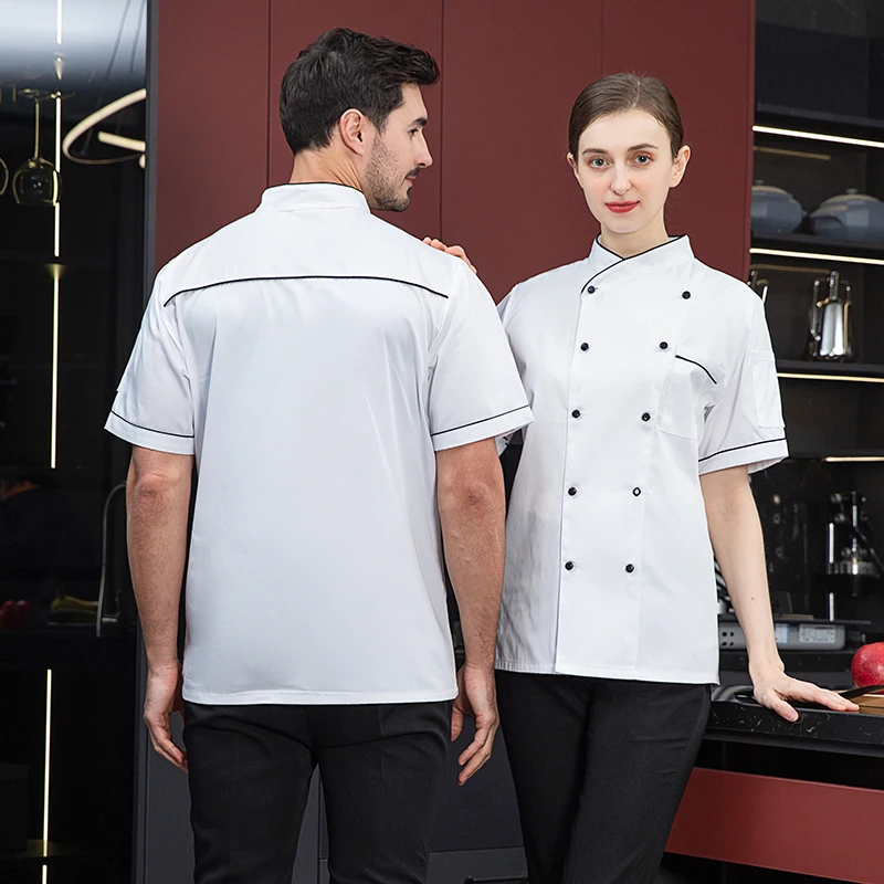 Chef Uniform Waiter Work Uniform Free Short Sleeve coat Chef Uniform Breathable Kitchen Cooking Jacket Restaurant Hotel Cafe Barber Waiter Work Shirt Unisex
