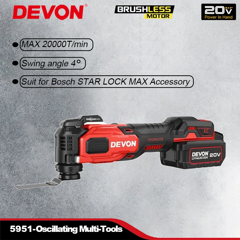 

DEVON 5951 Wireless Oscillating Multi-Tools Rechargeable 20v Max 20000T/min Swing Angle 4 Shock Absorbing Universal Flex Battery