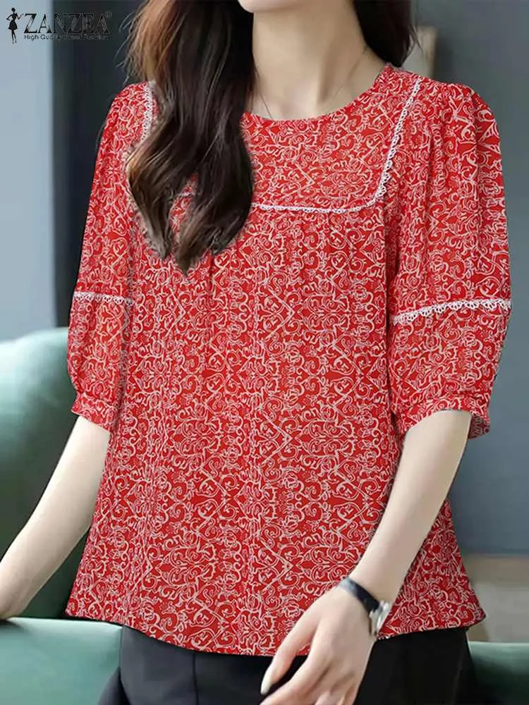 

Женская блузка с полурукавами-фонариками ZANZEA 2024, летняя блузка с цветочным принтом, винтажные Блузы с круглым вырезом, повседневные свободные кружевные лоскутные Топы