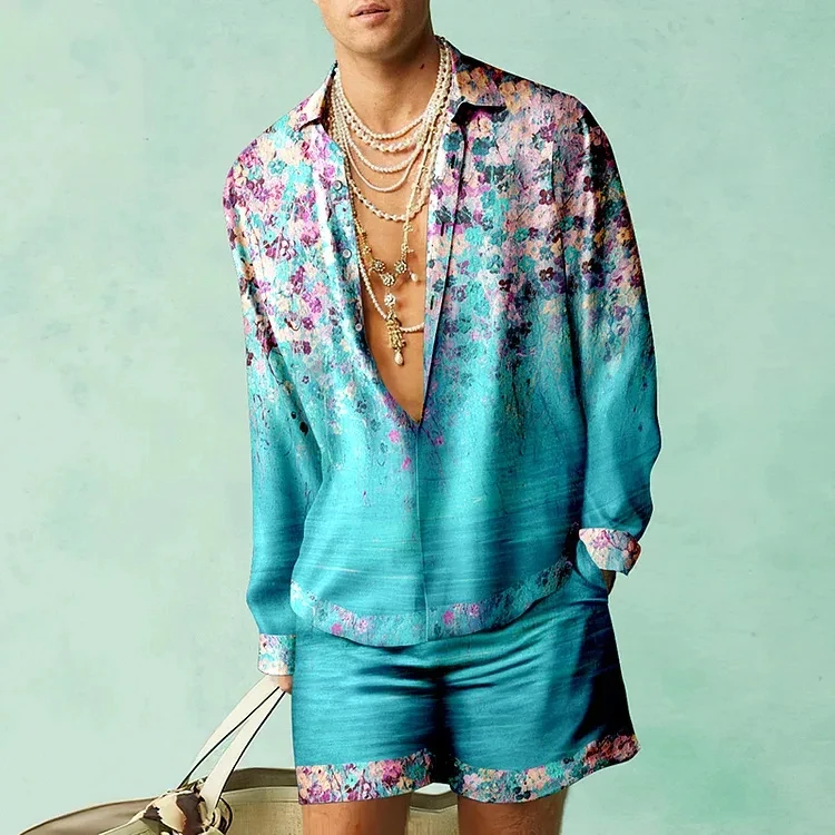 

Fashion Shirt Sets 3D Flower Print Men's 2PCS Suits Casual Long Sleeves Shirts Beach Short Streetwear Hawaiian Suits Man clothes