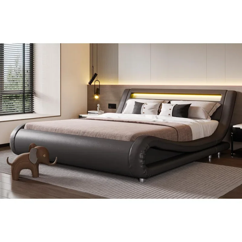 LED Full Bed Frame with Adjustable Headboard-Low Profile Sleigh Design, Strong Wood Slats Support andFoundation, No