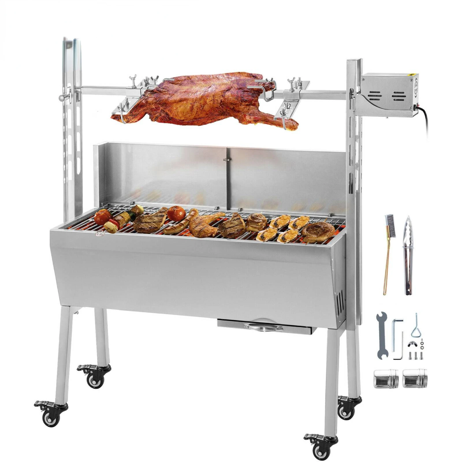 Griglia Per Girarrosto Elettrica Da 60Kg / 132 Libbre 2 In 1 Griglia Per Girarrosto Per Barbecue Con Ruote Bloccabili Per Arrostire Pecore, Tacchino, 
