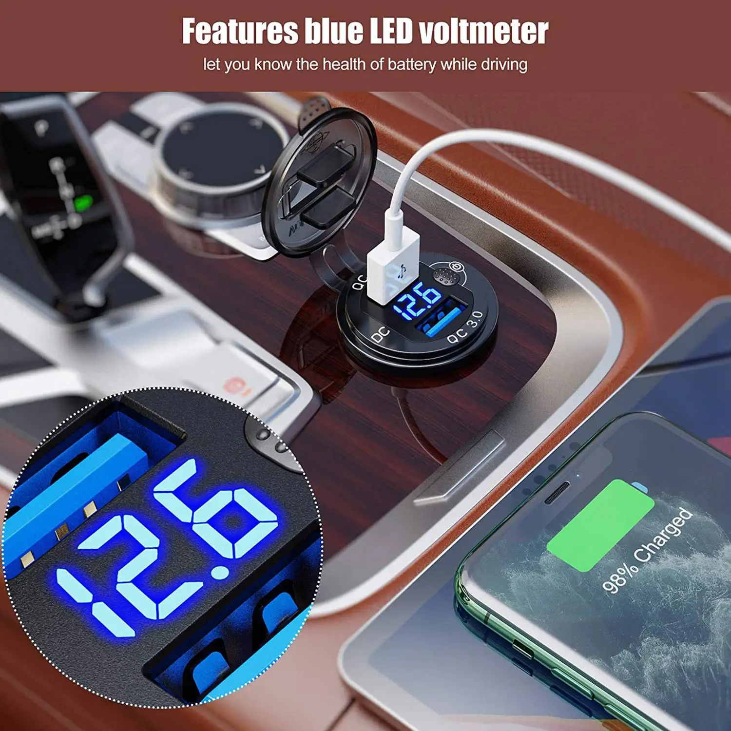 QC 3.0 Dual USB Car Charger Socket 12V/24V USB Charger with Contact Switch for Boat Motorcycle Truck Golf Cart Black