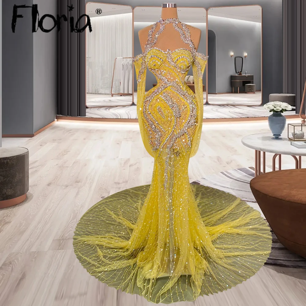 

Желтое вышитое бисером блестками женское платье с лямкой на шее с открытой спиной Роскошные Формальные Выпускные платья индивидуальный пошив свадебное платье вечернее платье