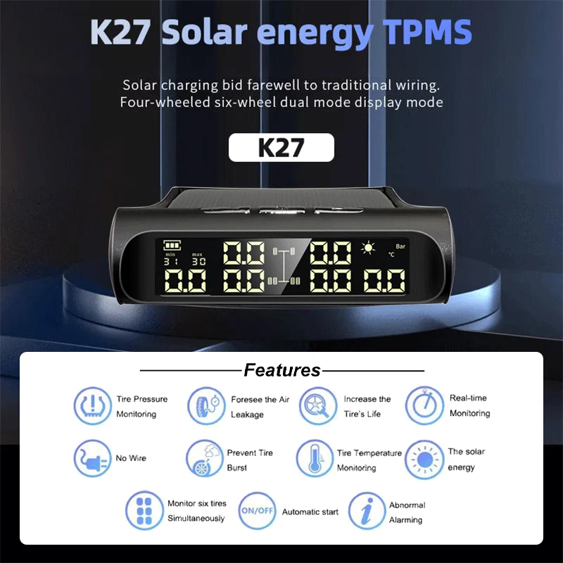 Car Tire Pressure Monitor Car Tire Pressure Sensor Solar TPMS 6 External Sensors Tire Pressure And Temperature Display Security Alarm Support Cars RVs Pickups Maximum 8Bar