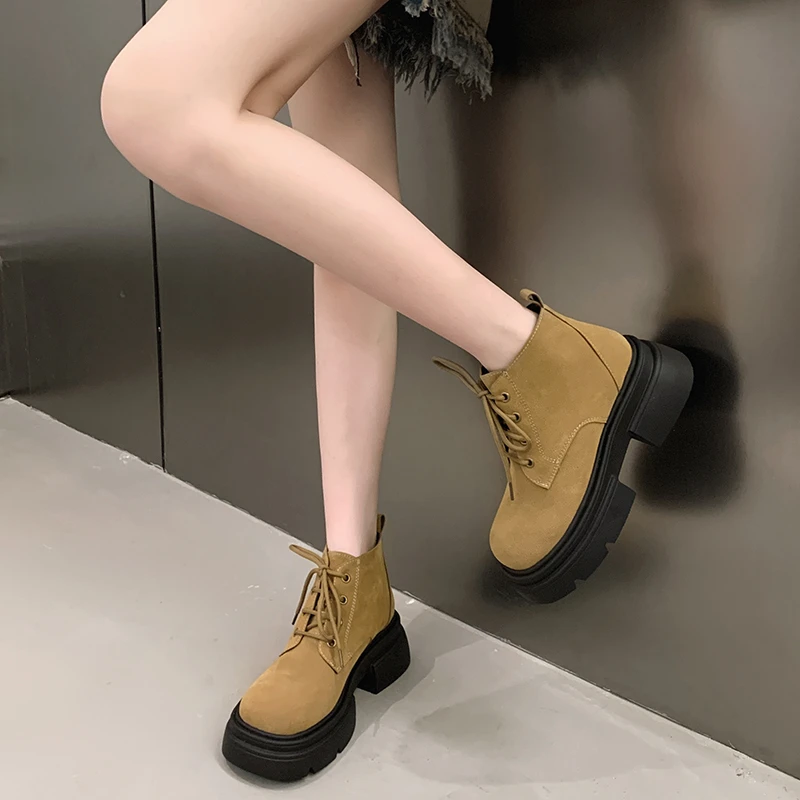 Ladies Shoes High Quality Lace Up Women's Boots Autumn British Style Suede Round Toe Solid Short Barrel Platform Fashion Boots