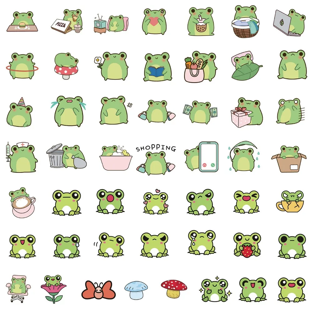 50pcs Cartoon Frog Stickers Cute Little Green Frog Funny Stickers Scrapbook Water Bottle Stationery