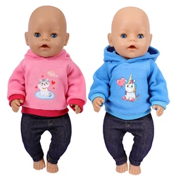 Doll Clothes Accessories For Born Baby 43cm Items & 18 Inch American Doll Girl's Toys & Our Generation 2 Pcs/Set=Hoodies + Pants