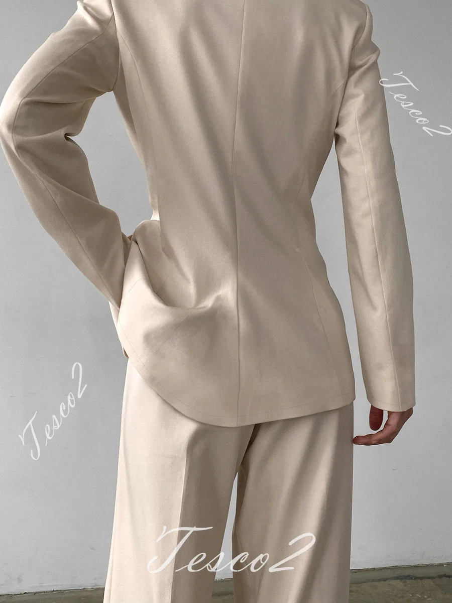 Tesco Women Pantsuit For Work Apricot Long Sleeve Blazer Suit Wide Leg Trousers Vintage Casual Office Lady Outfits For Women