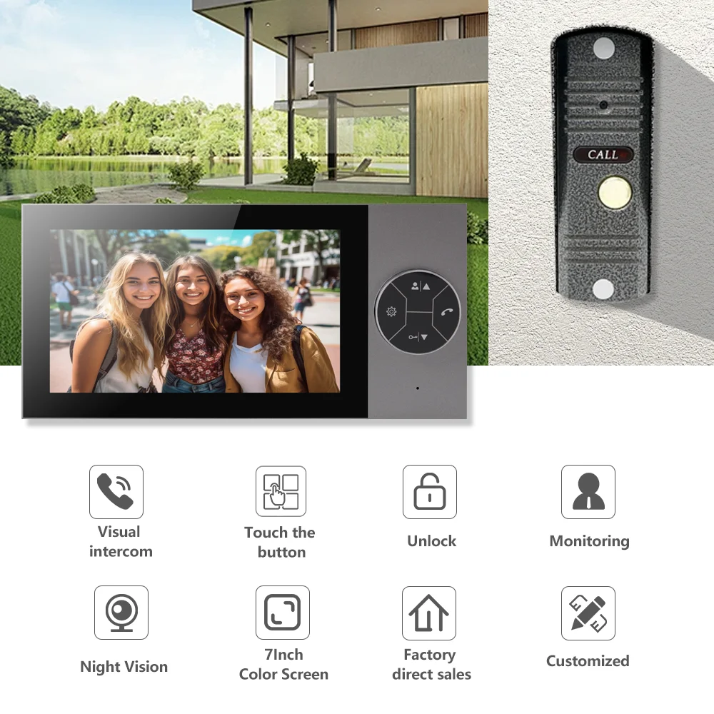 

7-дюймовый умный видеодомофон HD, дверной звонок для квартиры, частный домашний видеодомофон, система мониторинга дверного звонка