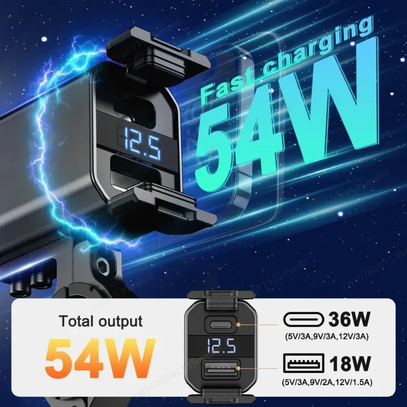 알루미늄 오토바이 USB 충전기 PD3.0 USB-C 고속 충전기 전원 어댑터 QC3.0 듀얼 소켓(스위치 포함) 방수 디지털 전압계