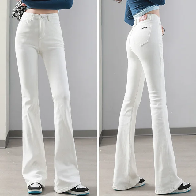 Sexy Mid Waisted Stretch Flared Pants Women Slim Fit Denim Jeans Wide Leg  Casual Korean Style Skinny Bell Bottom Pocket Trousers - AliExpress