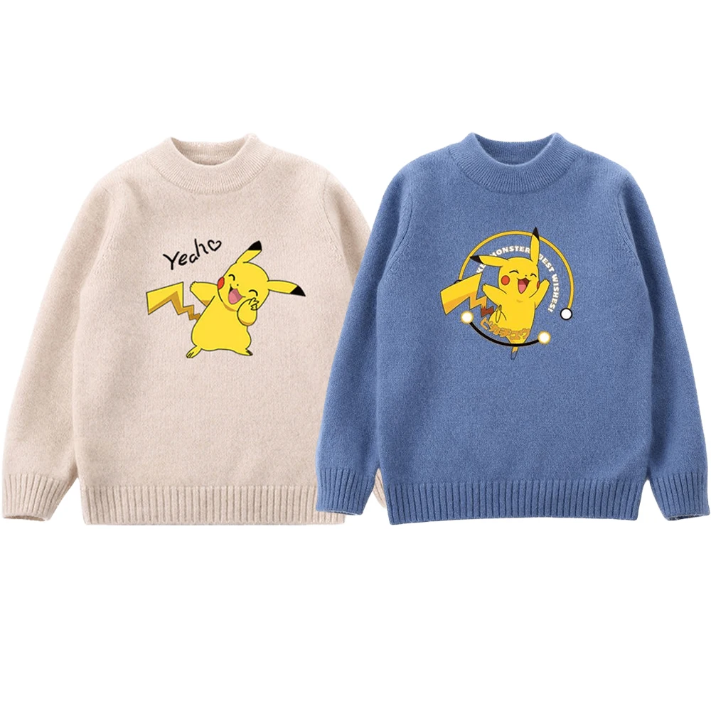 

Anime Pokemon Pikachu Children Cartoon Thick Style Trendy Round Neck Warm Sweater Knitted Bottom Shirt Top Kids Clothes