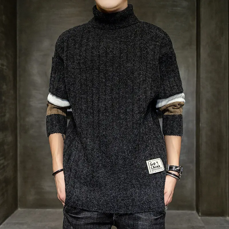 2023 Autumn Winter New Men's Pullover Loose Trendy Korean Casual Long Sleeved Patchwork Striped Knitted Turtleneck Sweater Tops