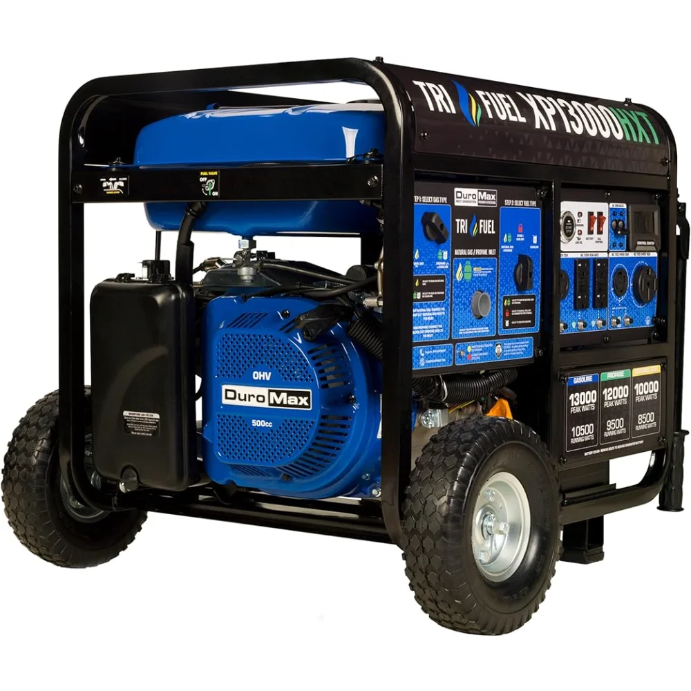 

NEW DuroMax XP13000HXT 13,000-Watt 500cc Tri Fuel Gas Propane Natural Gas Portable Generator with CO Alert, Black/Blue