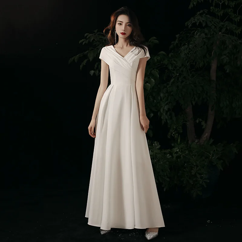 

Simple White Evening Dress Elegant V-Neck Cap Sleeve Backless Long Engagement Party Gowns Women's Banquet Formal Dress