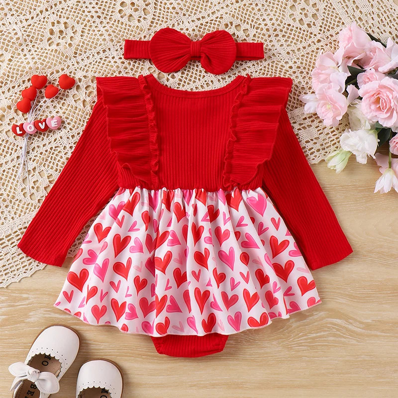 

Valentine Baby Girl Outfit Heart Print Ribbed Long Sleeve Newborn Valentines day Romper Dress Headband Set