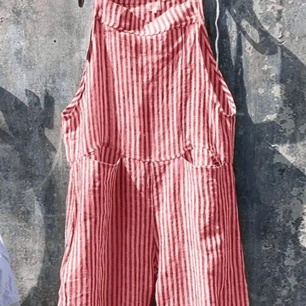 Striped Print Overalls Women Summer Jumpsuit Stylish Women's Striped Jumpsuit with Big Patch Pockets Plus Size Loose for Summer 4