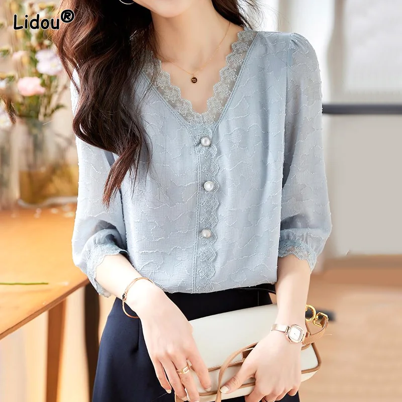 

Корейская шифоновая весенне-летняя тонкая женская рубашка с v-образным вырезом Grace, однобортная тонкая кружевная элегантная пуловер, женская одежда
