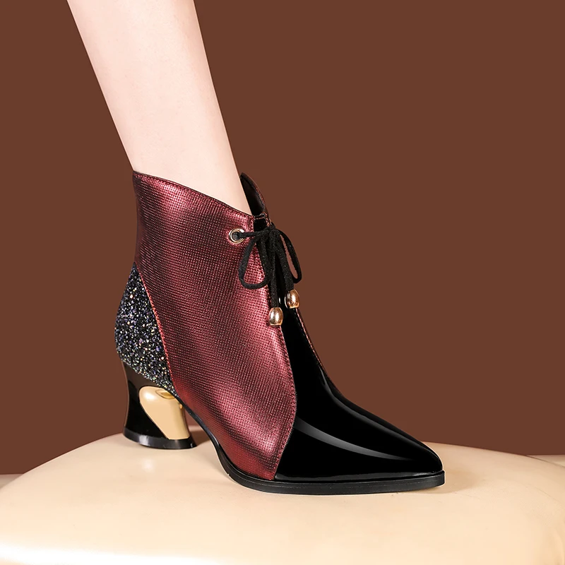 

Women ankle boots natural leather 22-24.5CM Cowhide+sheepskin+Glitter modern boots pointed color-blocking straps short boots
