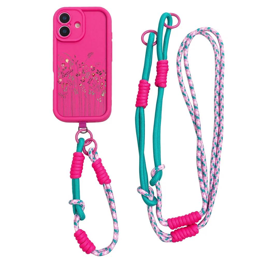 Floral Crossbody Lanyard Phone Case with Necklace Strap and Wrist Chain Cover